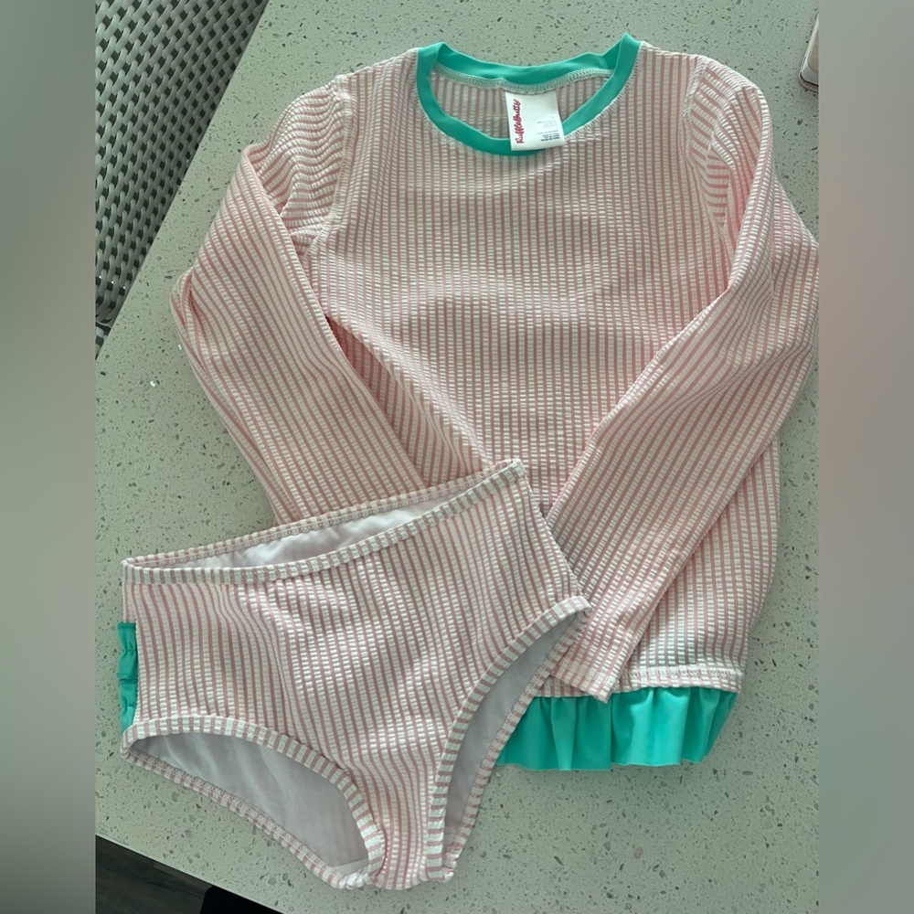 NWOT Ruffle Butts Pink and Teal Rashguard Set